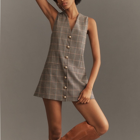 Anthropologie Dresses & Skirts - Anthropologie Plaid Button-Front Mini Dress in Brown and Tan